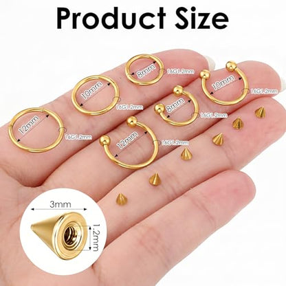 SynHHergyx 6 Pcs Nose Septum Rings 16G Horseshoe Lip Earring Ring Hoops Nose Piercing Jewelry 8mm 10mm 12mm Eyebrow Hoop Rings Piercing Jewelry - color: Gold
