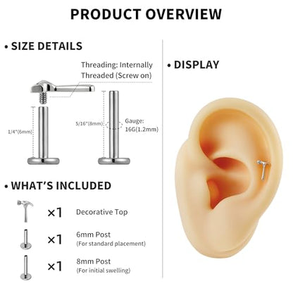 FINE4U 1PC ASTM F136 Titanium Internally Threaded Piercing Jewelry Stud 16G 6mm 8mm for Helix, Tragus, Conch, Flat - color: Hammer - Tit