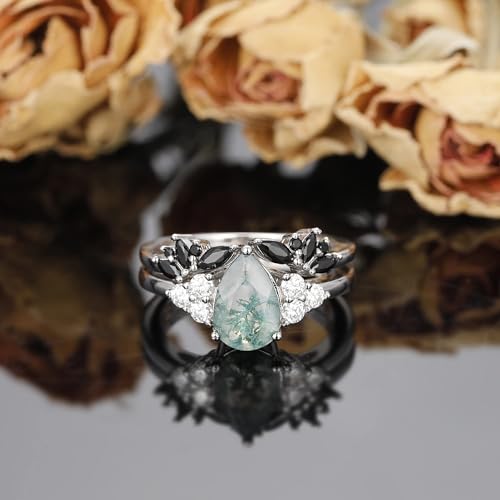 Moss Agate Bridal Wedding Rings Set for Women 925 Sterling Silver | Plated Platinum/Black Gold, Gothic, Vintage, Engagement Promise Ring, Anniversary Valentine Day Birthday Gift for Her - style: Platinum Plating Retro Open Ring