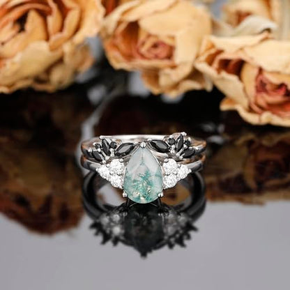Moss Agate Bridal Wedding Rings Set for Women 925 Sterling Silver | Plated Platinum/Black Gold, Gothic, Vintage, Engagement Promise Ring, Anniversary Valentine Day Birthday Gift for Her - style: Platinum Plating Retro Open Ring