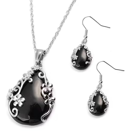 SHOP LC DELIVERING JOY Jewelry Set for Women - Floral Gemstone Necklace & Earring Sets - Lapis Lazuli, Black Onyx & Dendritic Pendant Necklaces & Dangle Earrings - 20" Necklace Length Gifts for Women - color: Black