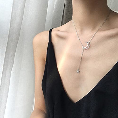 Moon and Star Necklace for Women Girls Silver Haif Moon Star Pendant Choker Necklaces for Women - color: silver
