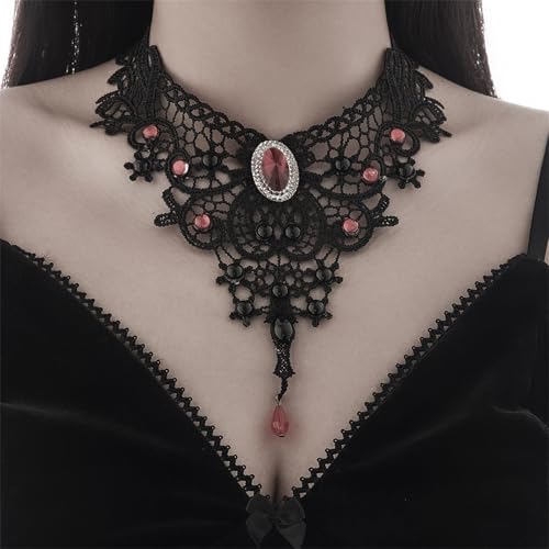 Black Lace Choker Necklace for Women Halloween Gothic Vampire Red Crystal Necklaces Steampunk Cosplay Costume Party Necklace Halloween Jewelry - color: Red