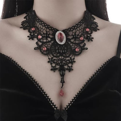Black Lace Choker Necklace for Women Halloween Gothic Vampire Red Crystal Necklaces Steampunk Cosplay Costume Party Necklace Halloween Jewelry - color: Red