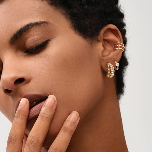 MEVECCO Chunky Huggie Hoop Earrings for Women Starburst Beaded Styles | 18K Gold Plated Brass, Triple Or Single Cubic Zirconia Star Details, Graduated Rounded Profile, Front Stone Row - style: Slit Bead