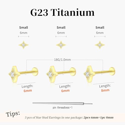 Flat Back Stud Cartilage Earrings Tragus Helix Piercing Jewelry Titanium | Conch Nose Piercing,Small Tiny Studs for Women,Threadless/Internally Threaded,Surgical Steel,Hypoallergenic,16G/18G/20G - color: Gold01-Star (6mm*2+8mm*1), size: Threadless-18G(1.0