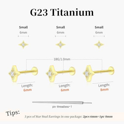 Flat Back Stud Cartilage Earrings Tragus Helix Piercing Jewelry Titanium | Conch Nose Piercing,Small Tiny Studs for Women,Threadless/Internally Threaded,Surgical Steel,Hypoallergenic,16G/18G/20G - color: Gold01-Star (6mm*2+8mm*1), size: Threadless-18G(1.0