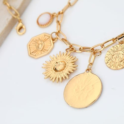 Charm Necklace for Women Gold Evil Eye Sun Moon Flower Coin Pendant Necklace Dainty Paperclip Chain Vintage Luck Amulet Choker Necklaces Celestial Jewelry Gift - style: 8 Coin Charms