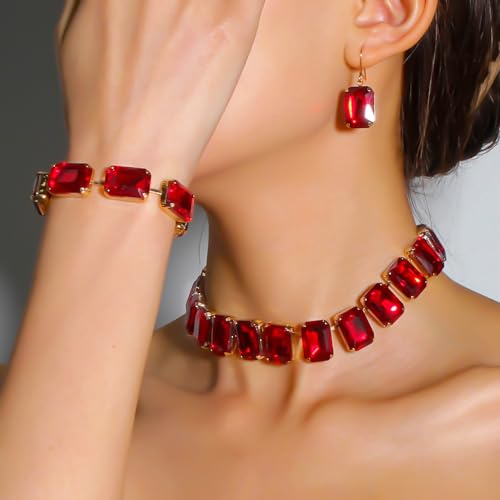 KOSMOS-LI Rectangle Faux Crystal Jewelry Sets Includ Necklace Bracelet Earrings For Women Stocking Stuffers - color: red