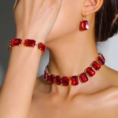 KOSMOS-LI Rectangle Faux Crystal Jewelry Sets Includ Necklace Bracelet Earrings For Women Stocking Stuffers - color: red