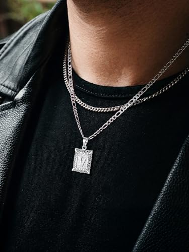 U7 Initial Letter Necklace for Men Women, 14K Gold/Silver Plated Square Capital Monogram Pendant Necklace from A-Z with 22+2 Inch Figaro Chain, Personalized Jewelry for Him - color: Silver, style: V