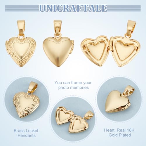 UNICRAFTALE 12Pcs Heart Charms Real 18K Gold Palted Locket Photo Frame Charms Love Dangle Charms Metal Memorial Charms with Pinch Bails Memory Necklace Making for Mother's Day Gift