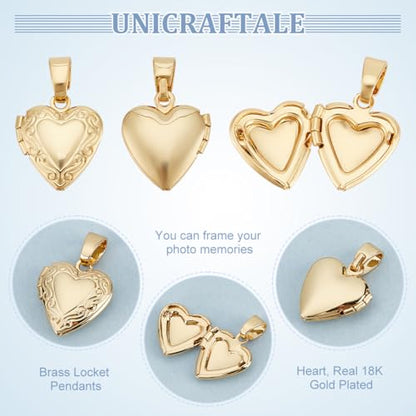 UNICRAFTALE 12Pcs Heart Charms Real 18K Gold Palted Locket Photo Frame Charms Love Dangle Charms Metal Memorial Charms with Pinch Bails Memory Necklace Making for Mother's Day Gift