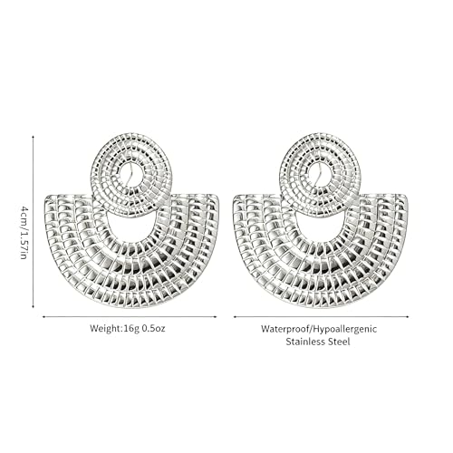 Gold Statement Earrings For Women, 14K Gold Plated Textured Geometric Drop Earrings - Hypoallergenic Stainless Steel Statement Earrings for Women, Waterproof Fan-Shaped Dangle Earrings for Beach & Daily Wear - color: Fan Silver DKE252046S