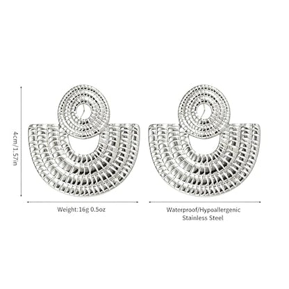 Gold Statement Earrings For Women, 14K Gold Plated Textured Geometric Drop Earrings - Hypoallergenic Stainless Steel Statement Earrings for Women, Waterproof Fan-Shaped Dangle Earrings for Beach & Daily Wear - color: Fan Silver DKE252046S