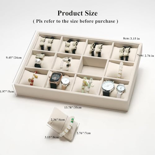 Jewelry Watch Tray, Beige Velvet Watch Jewelry Organizer 12 Grid, Stackable Watch Bracelet Bangle Display Holder, Adjustable Pillows, for Man Woman Show Birthday - color: Beige