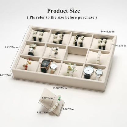 Jewelry Watch Tray, Beige Velvet Watch Jewelry Organizer 12 Grid, Stackable Watch Bracelet Bangle Display Holder, Adjustable Pillows, for Man Woman Show Birthday - color: Beige