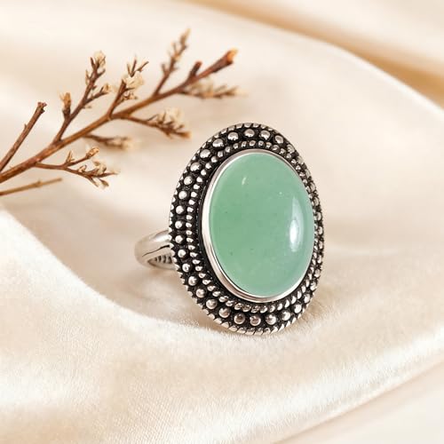 Natural Oval Stone Boho Ring,Retro Antique S925 Sterling Silver Crystal Quartz Gemstone Bohemian Statement Handmade Ring Jewelry for Women Her - color: B04_Aventurine