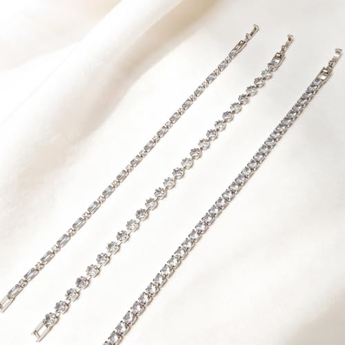 3Pcs Women Stackable 14K Gold Plated Tennis Bracelet with Colorful CZ | Dainty Classic Everyday Jewelry 14K Gold Plated Colorful Cubic Zirconia Tennis Bracelet Created Diamond for Wedding 7 inches - color: silver white