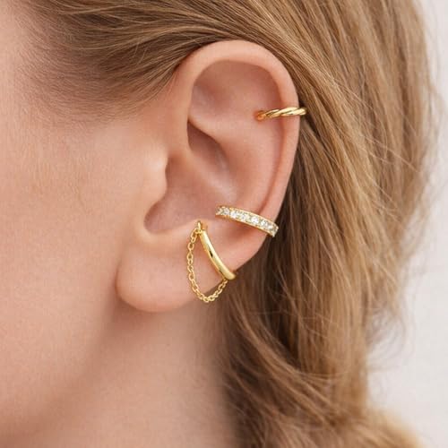 Ear Cuffs Non Piercing Ear Cuff for Women Clip on Huggie Hoop Earrings Gold Fake Earring Cuff with Chain Clips Minimalist Jewelry - color: B4:4pcs gold