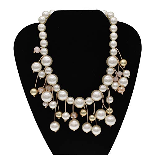utop JNF Hand made Pearl Statement Necklace for Women Rhinestone Multilayer Crystal Necklaces Chunky Pearl Necklace Large Pearl Necklace and Earrings Set for Mother Mom's gift - color: white pearl bib necklace