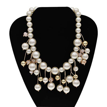 utop JNF Hand made Pearl Statement Necklace for Women Rhinestone Multilayer Crystal Necklaces Chunky Pearl Necklace Large Pearl Necklace and Earrings Set for Mother Mom's gift - color: white pearl bib necklace