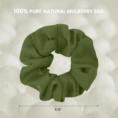 2PCS 100% Mulberry Silk Hair Ties, Silk Hair Scrunchies for Women, No Damage for Curly Hair (Black, Olive Green, L) - color: Color 06