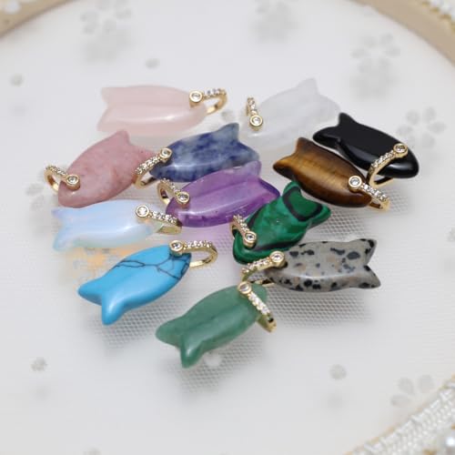 LE SKY Natural Stone Pendants Healing Crystal Gemstones with Rhinestone Charms for jewelry Making Necklace DIY Craft Gift - color: fish