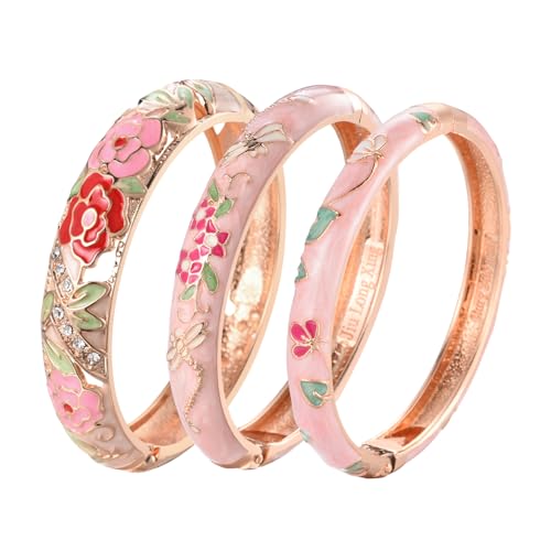 wynameleri Womens Multi-colors Cloisonne Bracelets Flower Enameled Gold Plated Hinged Cuff Bangles Jewelry Gift 3 Packs - color: 3 Pcs Set-Pink