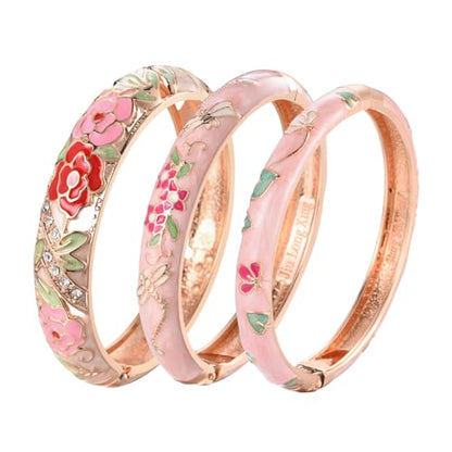 wynameleri Womens Multi-colors Cloisonne Bracelets Flower Enameled Gold Plated Hinged Cuff Bangles Jewelry Gift 3 Packs - color: 3 Pcs Set-Pink