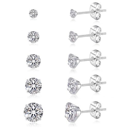 5 Pairs Stud Earrings for Women, Hypoallergenic Cubic Zirconia Silver Black 316L Surgical Stainless Steel Rainbow CZ Earrings Set 3-7mm - color: 5 Pairs Silver+Clear CZ