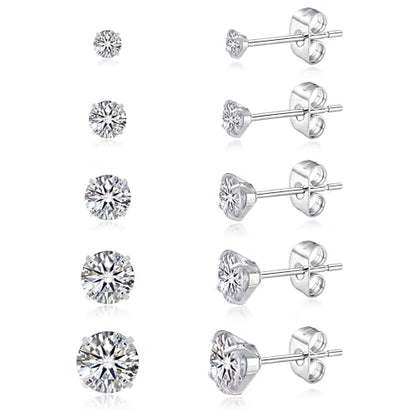 5 Pairs Stud Earrings for Women, Hypoallergenic Cubic Zirconia Silver Black 316L Surgical Stainless Steel Rainbow CZ Earrings Set 3-7mm - color: 5 Pairs Silver+Clear CZ