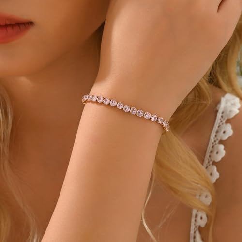 18K Gold Plated Tennis Bracelets for Women, Adjustable Cubic Zirconia Bracelet with Multi-color 4mm CZ Diamond Paperclip Chain, Dainty Trendy Birthday Bridal Jewelry Gifts for Women Daily Party Wear - color: Pink