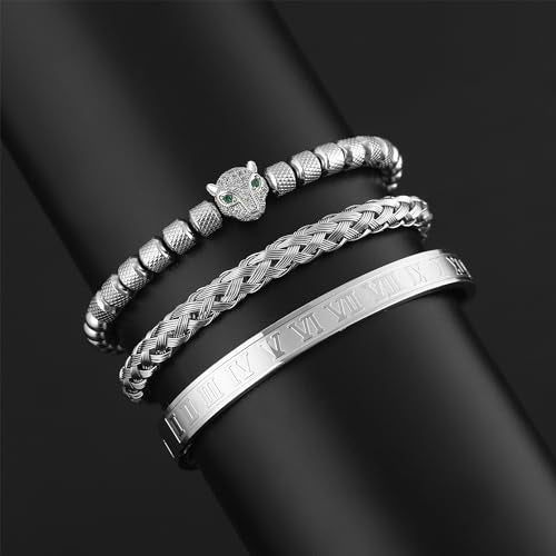 WFYOU 3PCS Stainless Steel Imperial Crown Bracelets for Men Gold Roman Numeral Bangle Bracelet Adjustable Cuff Bracelet Mens Luxury Jewelry Gifts - style: 12:Silver-CZ Leopard Head