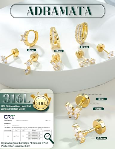 ADRAMATA Hypoallergenic Gold Earrings Stack for Women - 7Pairs Surgical Steel Small Chunky Huggie Hoops & Flat Back Stud Earrings Set Silver Cartilage Jewelry Trendy Christmas Gifts - style: Shiny - Gold