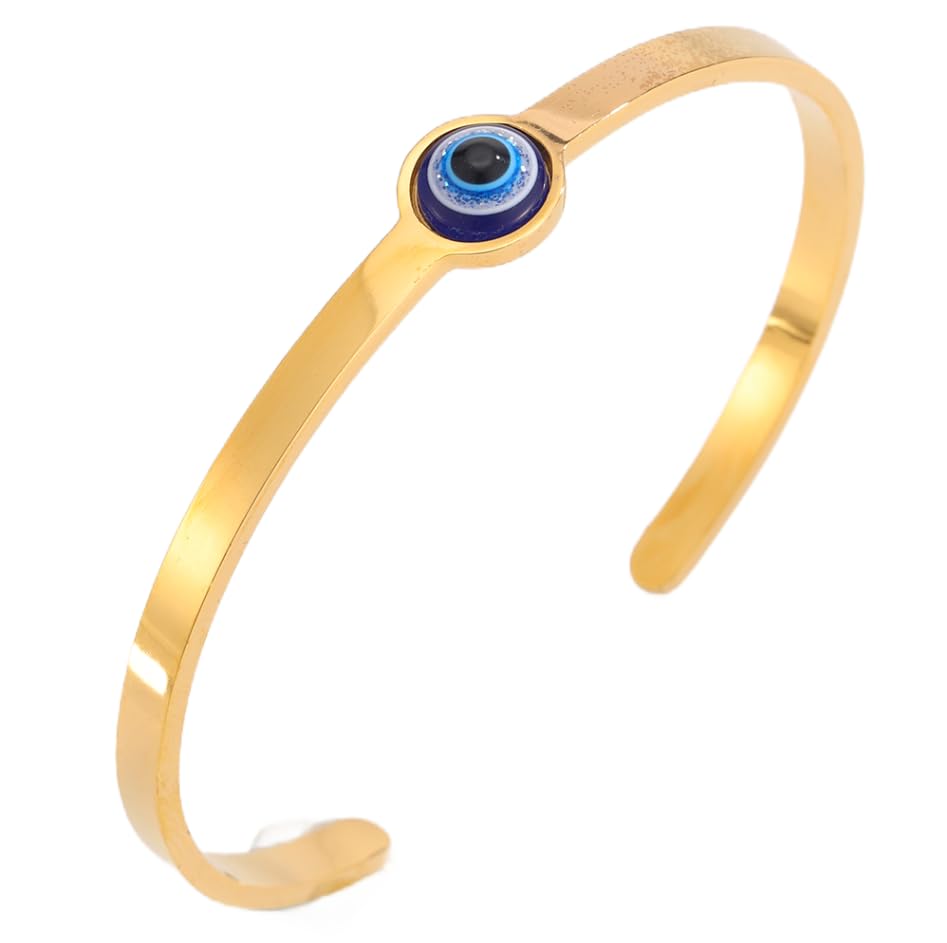 Gold Evil Eye Bangle Bracelet for Women, Stainless Steel Open Cuff, Everyday Spiritual Jewelry