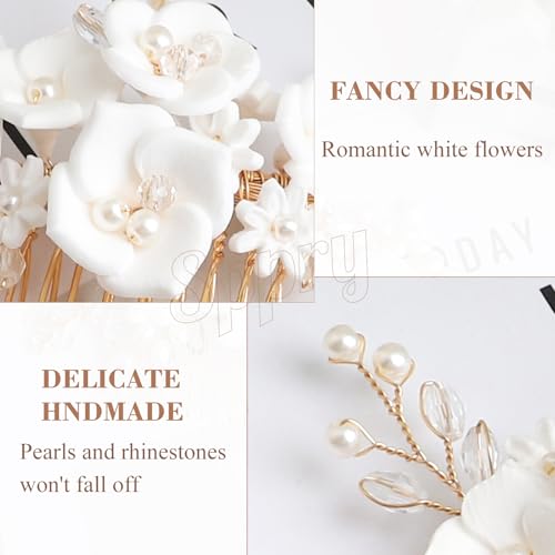 Fancy White Flower Bride Wedding Hair Comb, Handmade Pearl Rhinestone Hair Accessory for Bridal Women (Gold with 5 Flowers) - color: Style 2 (with 5 Flowers)