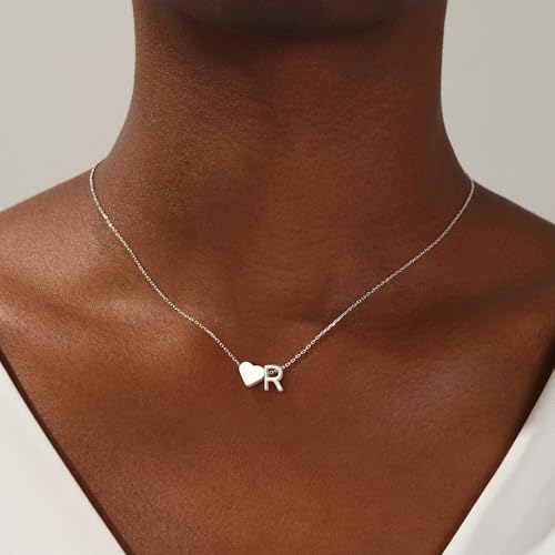 Turandoss Heart Initial Necklace for Women Teen Girls - 18K Gold Plated Letter A-Z Pendant Necklace Dainty Heart Necklaces Tiny Initial Necklaces Birthday Gifts for Women Jewelry - color: Silver, style: R
