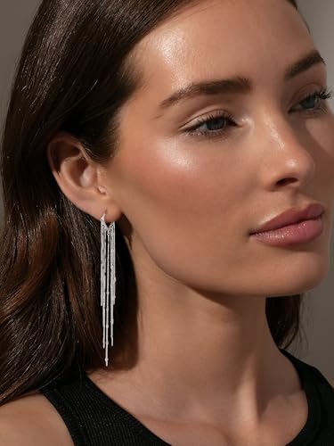 Robaice Long Gold Dangle Earrings for Women, 14K Plated Tassel Earring | Gold Chain Dangling Earrings, Trendy Drop Prom Earring, Lightweight Statement Party Jewelry, Gift for Women - style: B-dangle tassel chains, silver
