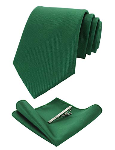 JEMYGINS Solid Color Formal Necktie and Pocket Square Tie Clip Sets for Men - color: Green