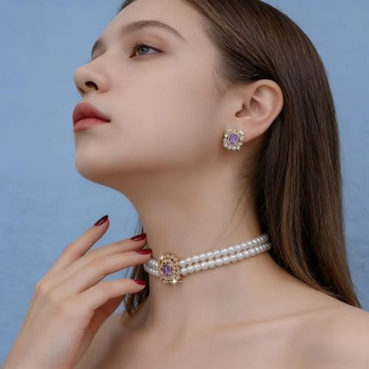 Classic Double Strand Faux Pearl Choker Necklace and Earrings Set with Crystal Accent, Elegant Jewelry for Special Occasions and Everyday Wear - color: purple
