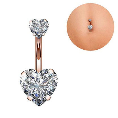 YHMM 14G Surgical Steel Belly Button Rings Double Heart Cubic Zirconia Navel Barbell Stud Body Piercing - color: A: Rose Gold Tone