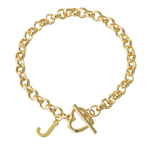 14K Gold Plated Stainless Steel A-Z Alphabet Letter Heart Bracelet | Non-Tarnish Dainty Charm with a Romantic Toggle Clasp Daily Fashion Jewelry, 7-inch Rolo Chain, Personalized Gift for Her - color: J
