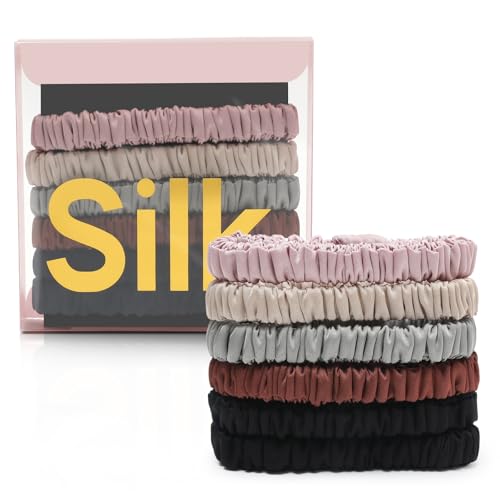 6Pcs Silk Hair Ties 100% Pure Mulberry Silk Scrunchies for Women Girls | No Hair Crease, Anti Frizz, Gentle Hold, No Damage, Color 04 - color: Black&Dark Curry&Gray&Pink&Beige