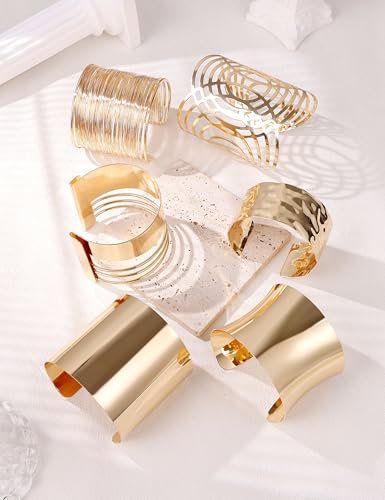 REVOLIA 6Pcs Chunky Cuff Bracelets Set for Women Minimalist Irregular Statement Wrist Cuff Adjustable Hammered Bangles Bracelets Open Wide Wire Arm Cuff Bracelet - color: Gold-A