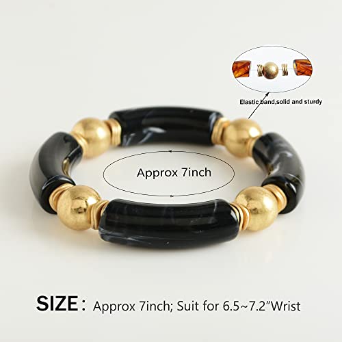 LALAPPLE Gold Plated Beaded Acrylic Bamboo Tube Bangle Bracelets for Women, Colorful Chunky Curved Tube With Gold Plated Pieces Beads Stretch Bracelet Friendship Summer Beach Jewelry - color: R-Black&Clear 2pcs
