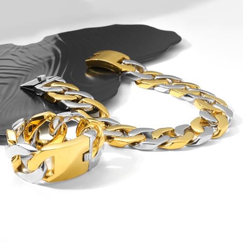SDA Wide Chunky Gold Chain Necklace - Heavy and Waterproof 316L Surgical Steel with 18K Gold Plating for Modern Men and Women into Hip Hop Fashion - color: B115-Gold+White Gold