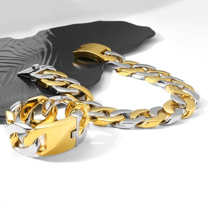 SDA Wide Chunky Gold Chain Necklace - Heavy and Waterproof 316L Surgical Steel with 18K Gold Plating for Modern Men and Women into Hip Hop Fashion - color: B115-Gold+White Gold