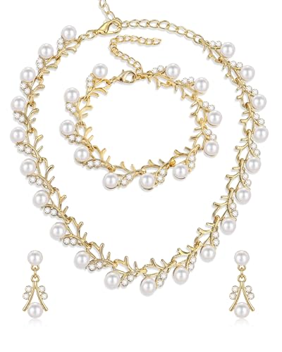 14K Gold Plated Pearl Jewelry Set for Women - 3 Piece Wedding Jewelry Sets with Necklace Earring Bracelet, Crystal Accented Pearl Bridal Set for Wedding