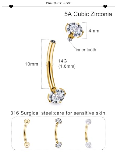 18G 16G 14G Eyebrow Ring Piercing Jewelry Surgical Steel Internal Thread Vertical Labret Lip Ring Rook Daith Earrings Belly Button Ring Piercing Jewelry for Women Men CZ Silver Black Gold - color: Gold, size: 14G, 10mm Length